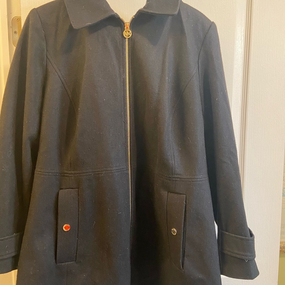 Michael Kors Black Wool Jacket with Elegant Gold Zipper and Details Size 18W